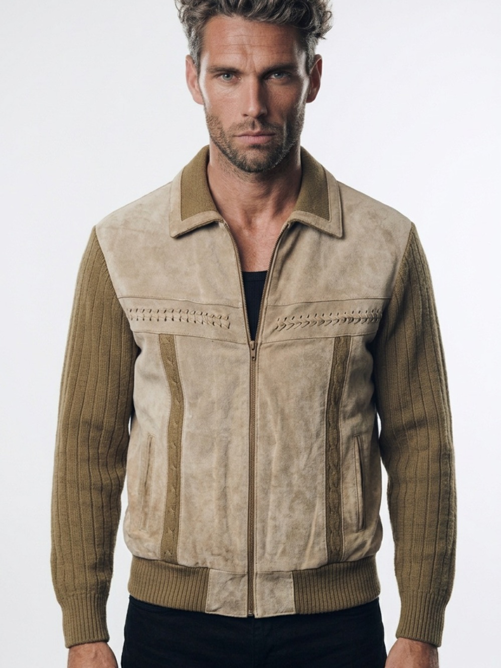🧥‎ Vintage Men’s Store Genuine Leather Knit Bomber Jacket (Men’s L)